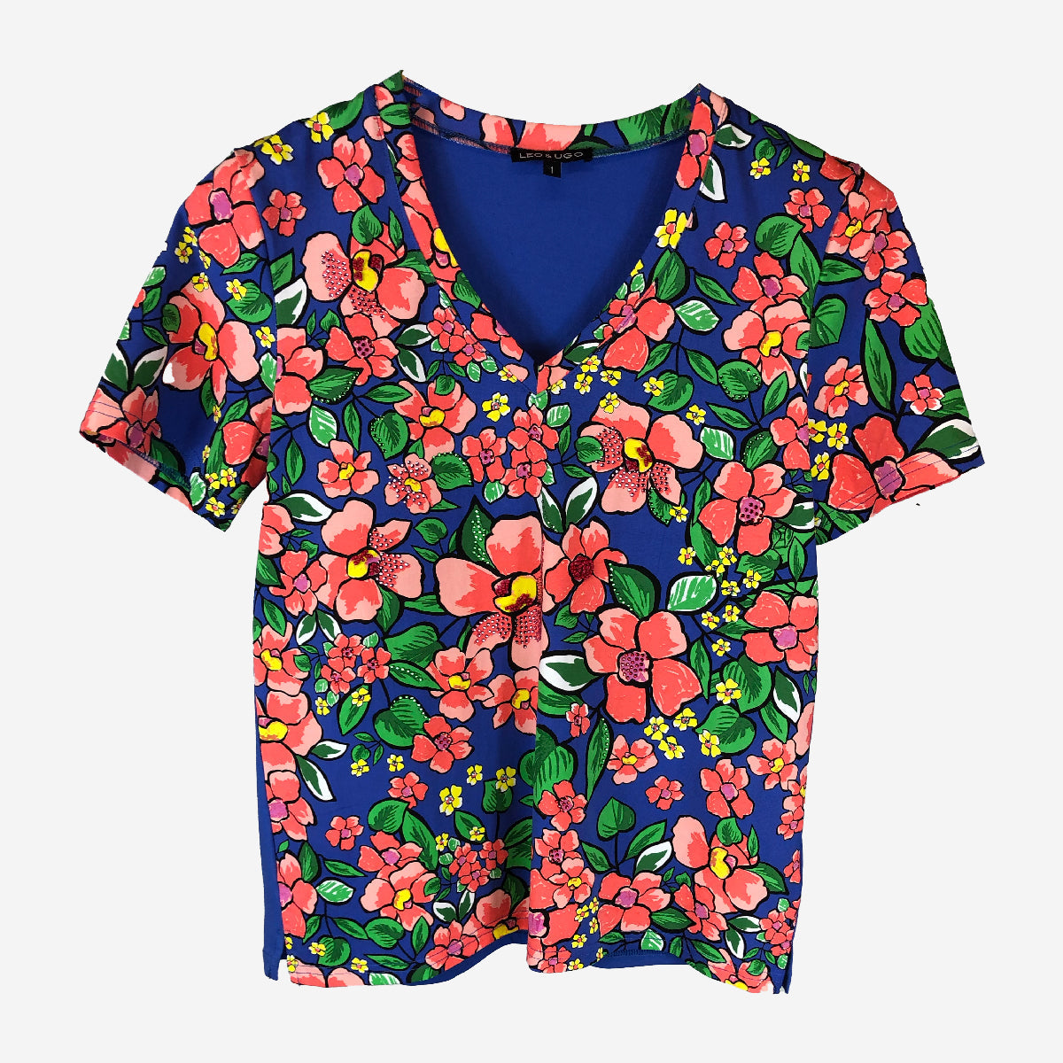 SHORT SLEEVED V NECK PRINTED TOP