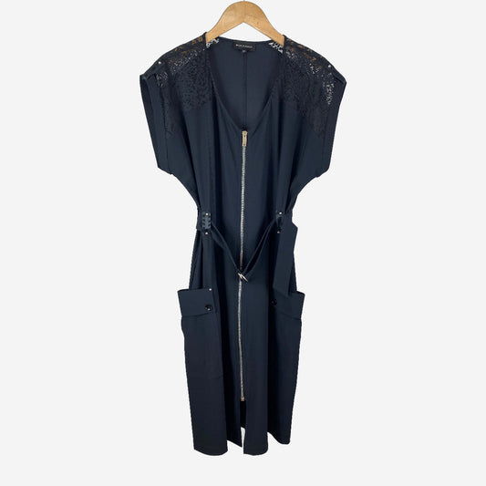 SHORT BLACK TECHNICAL FABRIC DRESS WITH LACE INSET AT THE SHOULDER