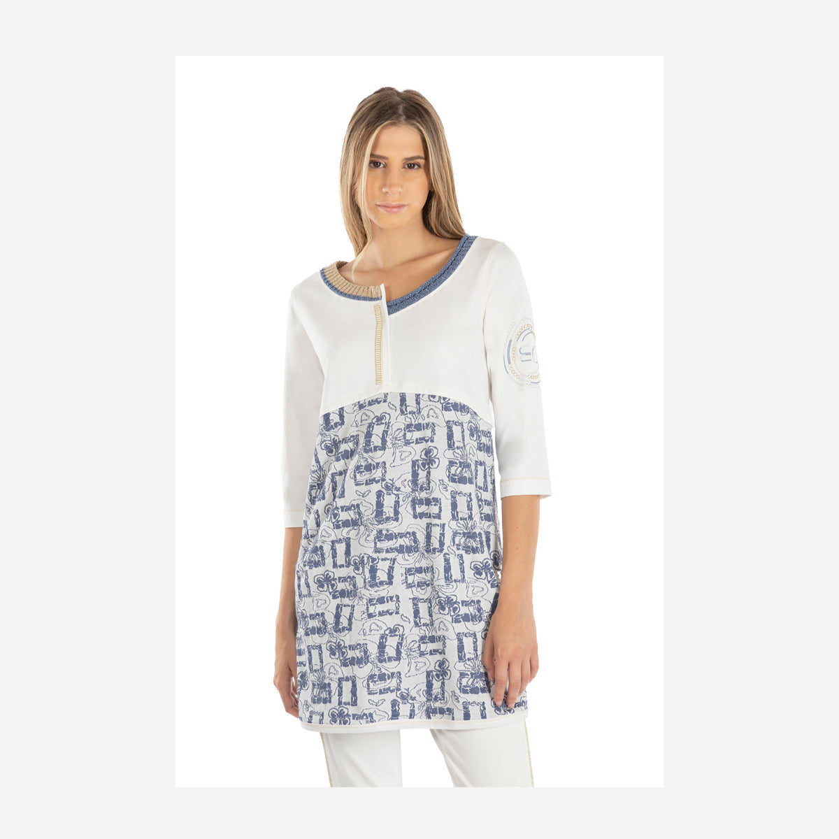 3/4 SLEEVE CONTRAST PRINT TOP