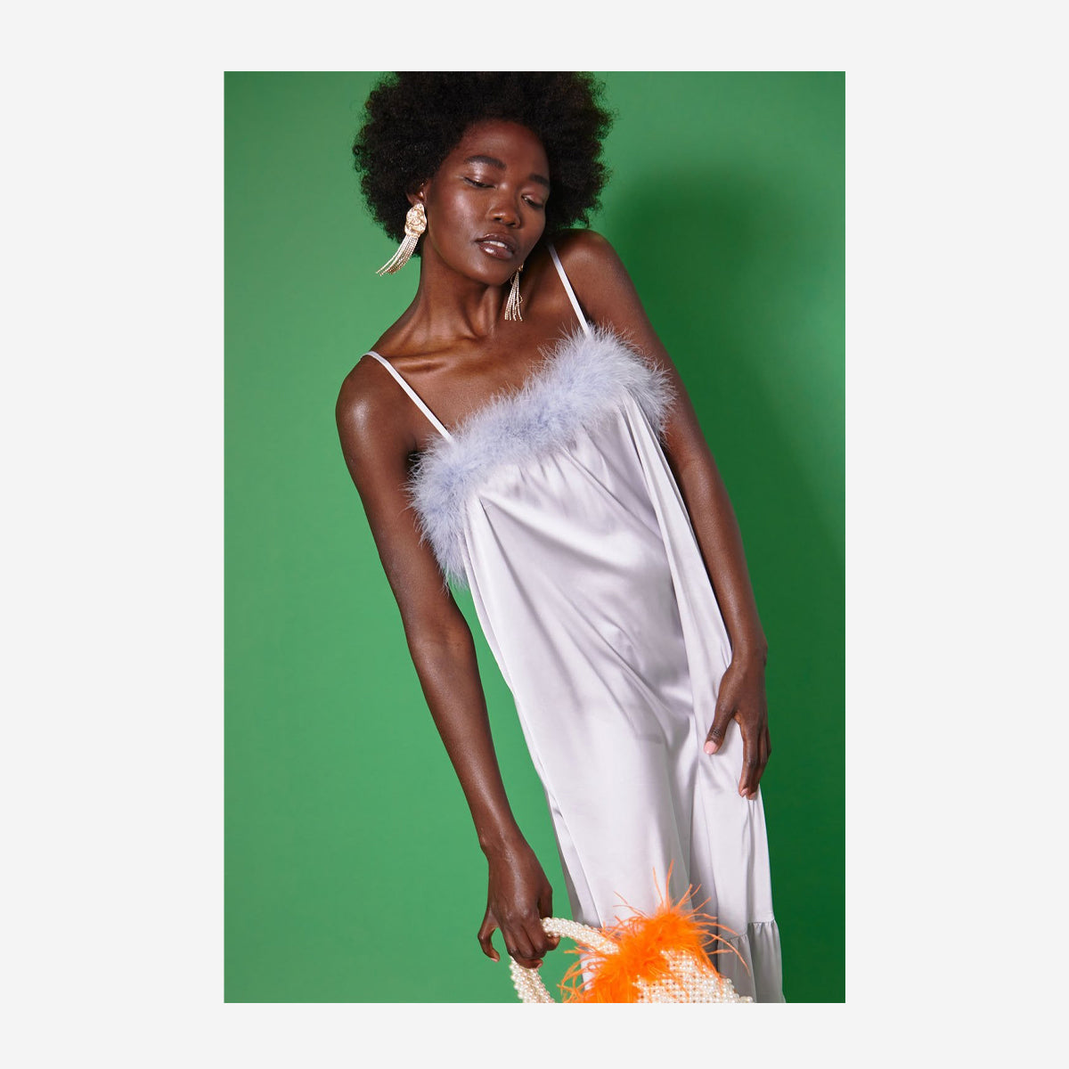 LULU SATIN MARBO FUR DRESS