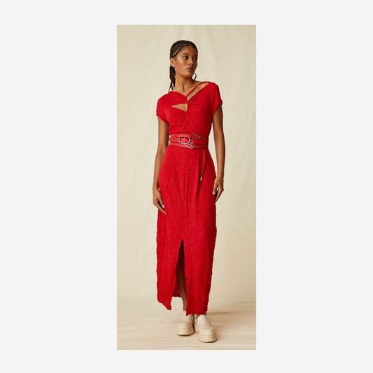 OBLIQUE SOFT LONG DRESS IN WRINKLED POLYVISCOSE WITH WORK ON THE NECKLINE - RED