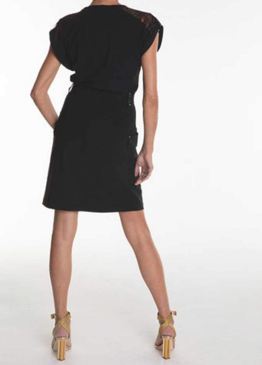 SHORT BLACK TECHNICAL FABRIC DRESS WITH LACE INSET AT THE SHOULDER