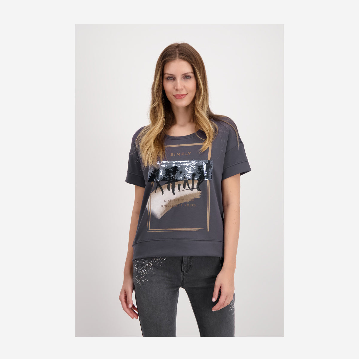 HALF SLEEVE JERSEY SHIRT WITH SEQUINS AND PRINT