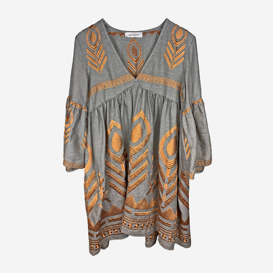 GREY FEATHER LINEN EMBROIDERED V-NECK DRESS